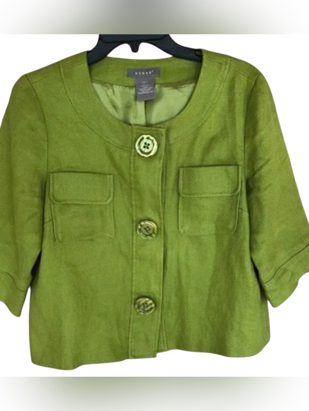 Kenar Lime Green Cropped Linen Jacket Size Small 3/4 Sleeve Button Front
